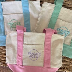 Trader Joe’s Canvas Tote Bag Set of Three - Pink,, Blue, Green